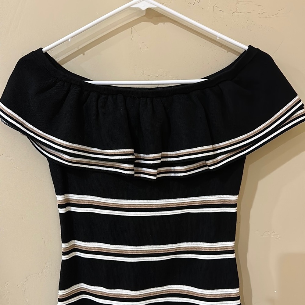 WHBM Off Shoulder Ruffle Striped Sweater Top Black tan white Sz S - Picture 8 of 14